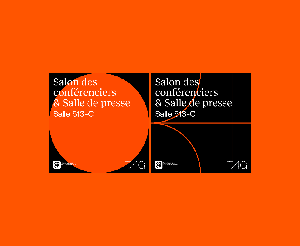 The design employs a stark, high-contrast composition using a vibrant orange background juxtaposed with solid black blocks. It utilizes simple geometric shapes and clear, capitalized text to convey institutional or informational signage.