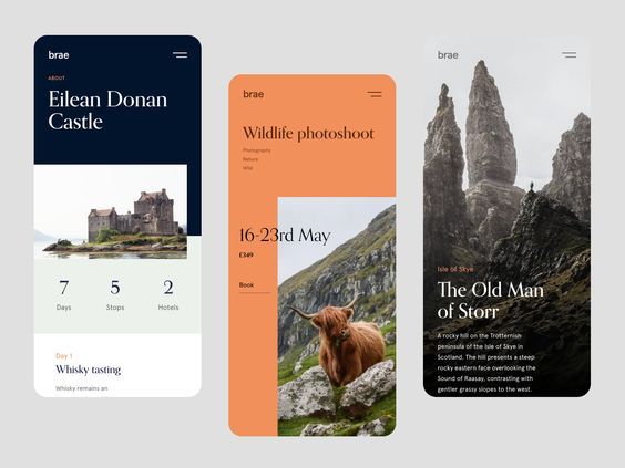 The design employs a clean, modern aesthetic with a strong emphasis on negative space and high-contrast typography. It uses an earthy, muted color palette to evoke a sense of ruggedness and premium experience.