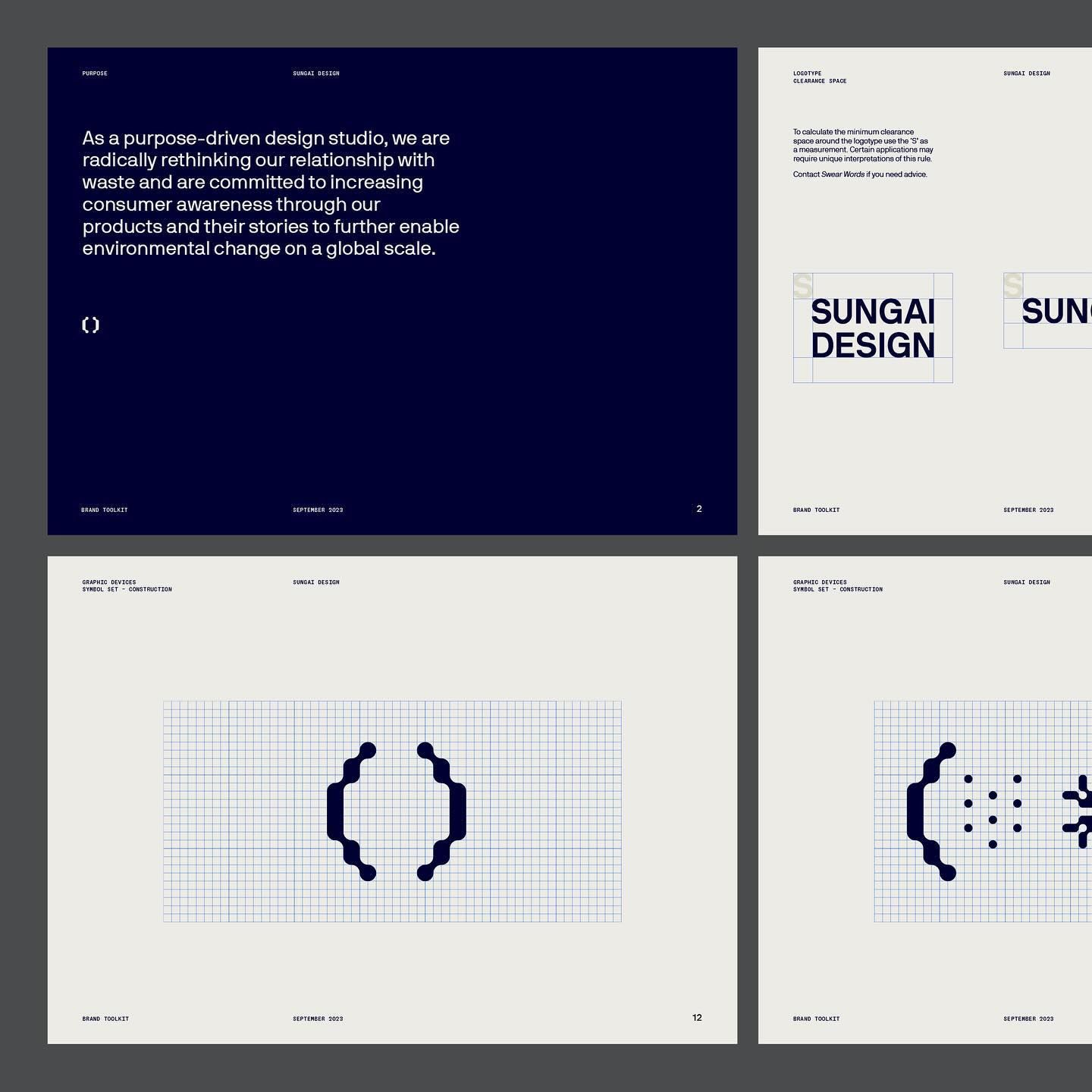 A minimalist design studio portfolio showcasing a purpose-driven brand identity with clean typography and geometric iconography. The layout employs a sophisticated two-tone color scheme with navy and cream, emphasizing restraint and contemporary design principles. The visual language combines grid-based systems with abstract geometric forms that suggest innovation and systematic thinking.