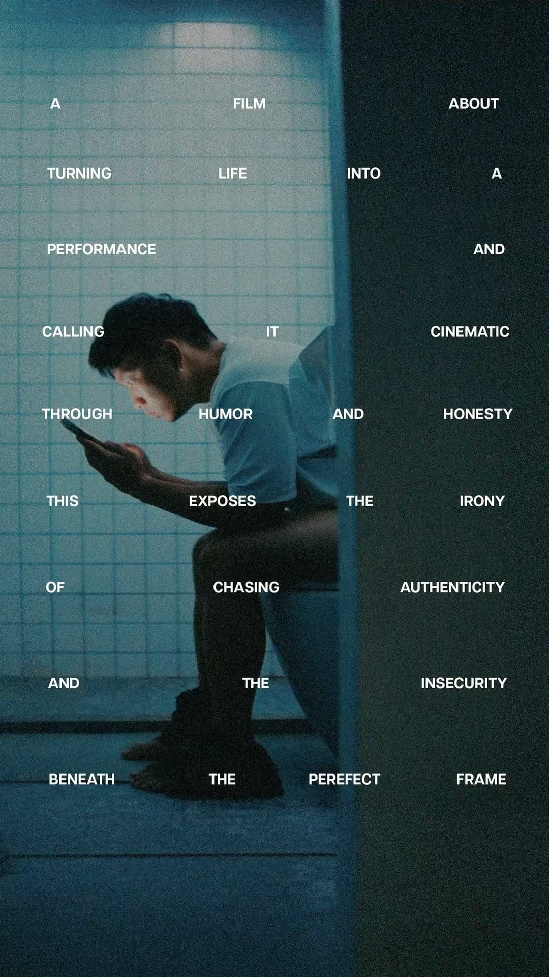 This image features a stark, minimalist typographic composition set against a cool, muted blue-gray background. The design uses vertical alignment and negative space to create a structured, almost clinical or academic feel, emphasizing the relationship between abstract concepts and a central human figure.