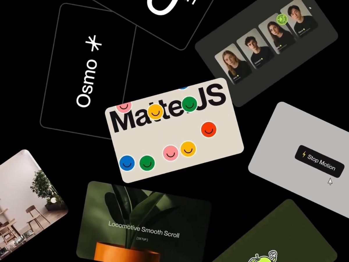 This image is a dynamic collage of various user interface concepts and design mockups, utilizing strong contrast between light elements and a dark background. The visual language is clean and technical, emphasizing modern UI trends and the application of motion graphics principles.