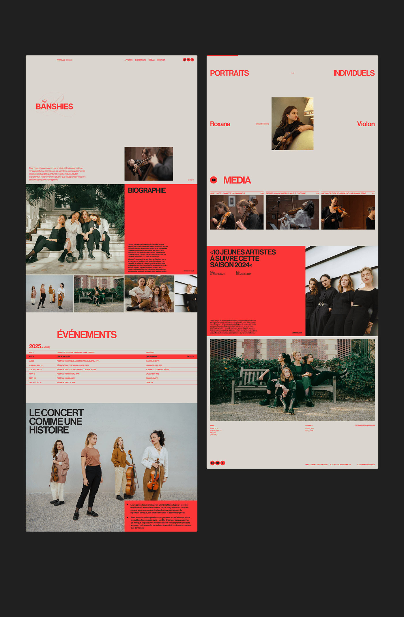 The design presents a clean, minimalist, and sophisticated layout utilizing ample white space contrasted with bold blocks of red. The visual language is modern and editorial, employing a grid-like structure to organize diverse content categories.