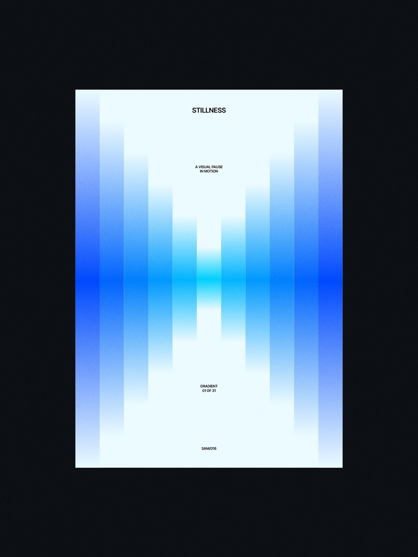A minimalist poster featuring a striking gradient composition with vertical blue bars that create a wave-like or hourglass silhouette against a white background. The design employs a sophisticated color transition from deep cobalt to light cyan, establishing a modern and contemplative visual language with ample negative space.