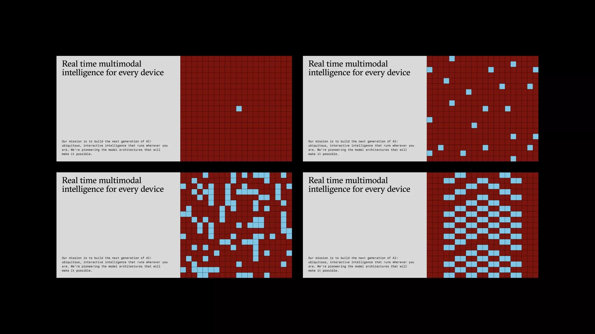 The image presents a series of four panels, likely mockups or visualizations, characterized by a stark contrast between a dark red background and scattered blue/cyan elements. The design suggests data visualization, network mapping, or system architecture due to the grid-like structure and point distribution.