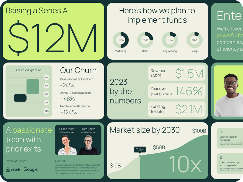 The image presents a clean, modern, and professional infographic style, utilizing a muted, earthy color palette with distinct blocks to convey business metrics and company milestones. The design is highly structured, relying on clear iconography and large numbers to communicate complex information efficiently.