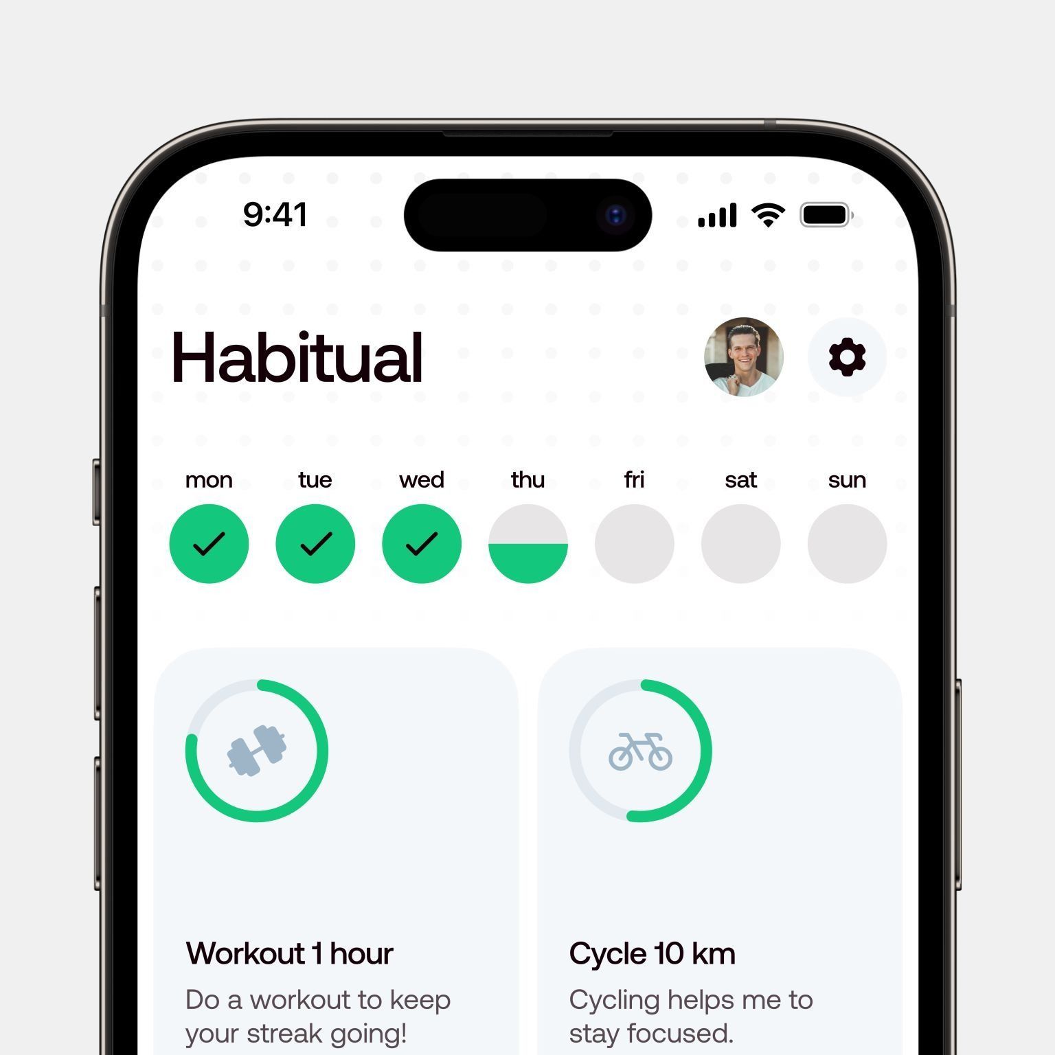 The design presents a clean, modern, and highly functional user interface typical of a health or habit tracking application. It utilizes ample white space and clear iconography to convey progress effectively, resulting in a professional and straightforward feel.
