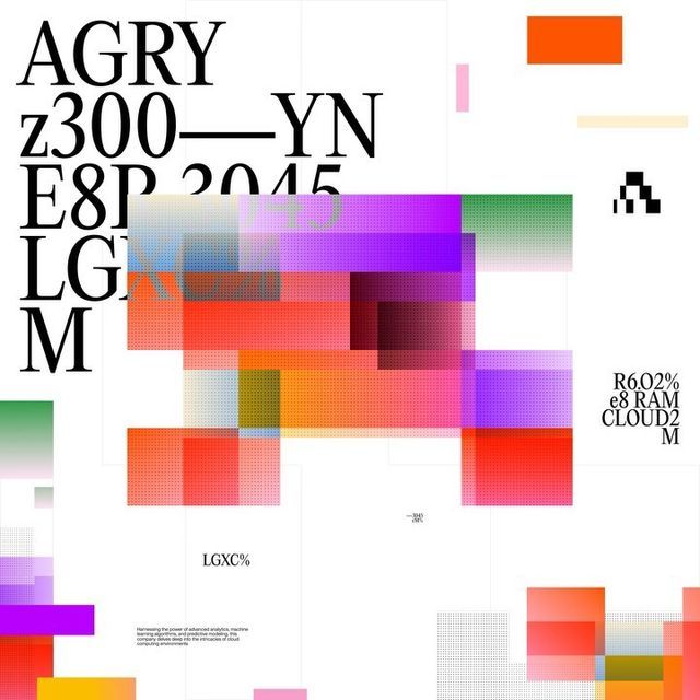 A bold, experimental design combining brutalist typography with vibrant pixelated color blocks and gradient meshes. The composition merges technical data visualization aesthetics with contemporary digital art, creating a dynamic tension between rigid geometric forms and fluid color transitions.