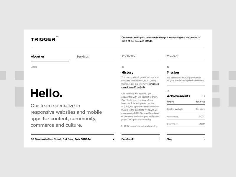 The design is clean, minimalist, and professional, utilizing ample white space to create a sense of clarity and sophistication. The layout is structured with clear section headers and simple text, suggesting a focus on corporate or design services.