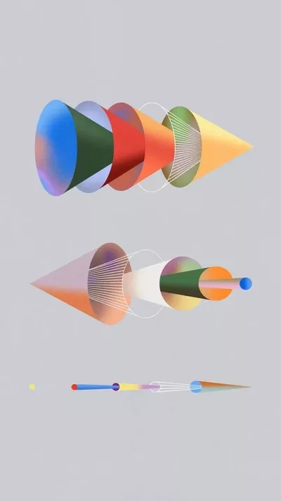 The image presents a series of abstract, layered geometric forms resembling stylized cones or funnels, suggesting concepts related to focus, progression, or filtering. The visual language is clean and modern, relying on smooth gradients and overlapping shapes to create depth.