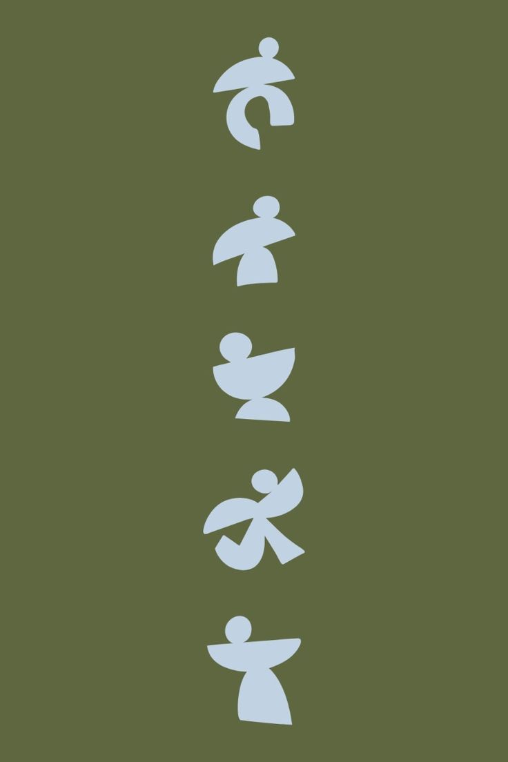 This image presents a vertical arrangement of stylized, abstract human figures or silhouettes rendered in a light, muted tone against a deep olive green background. The design relies on negative space and repetition to create a sense of hierarchy or sequence.