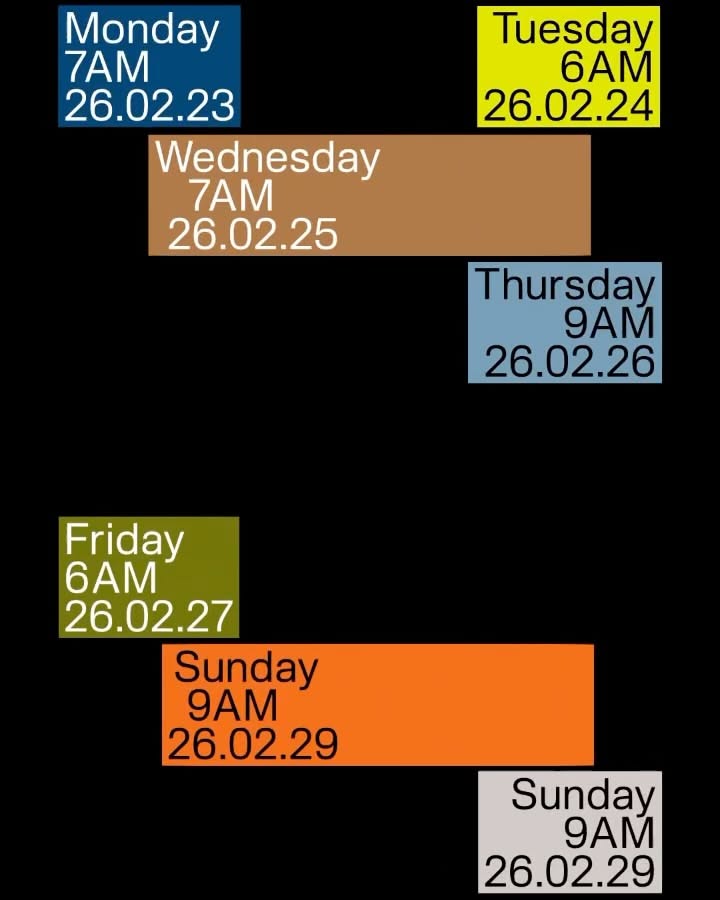 The image presents a stark, functional timeline or schedule using block colors to denote different days and times. The design is highly structured and minimalist, relying on color blocking for immediate information segmentation.
