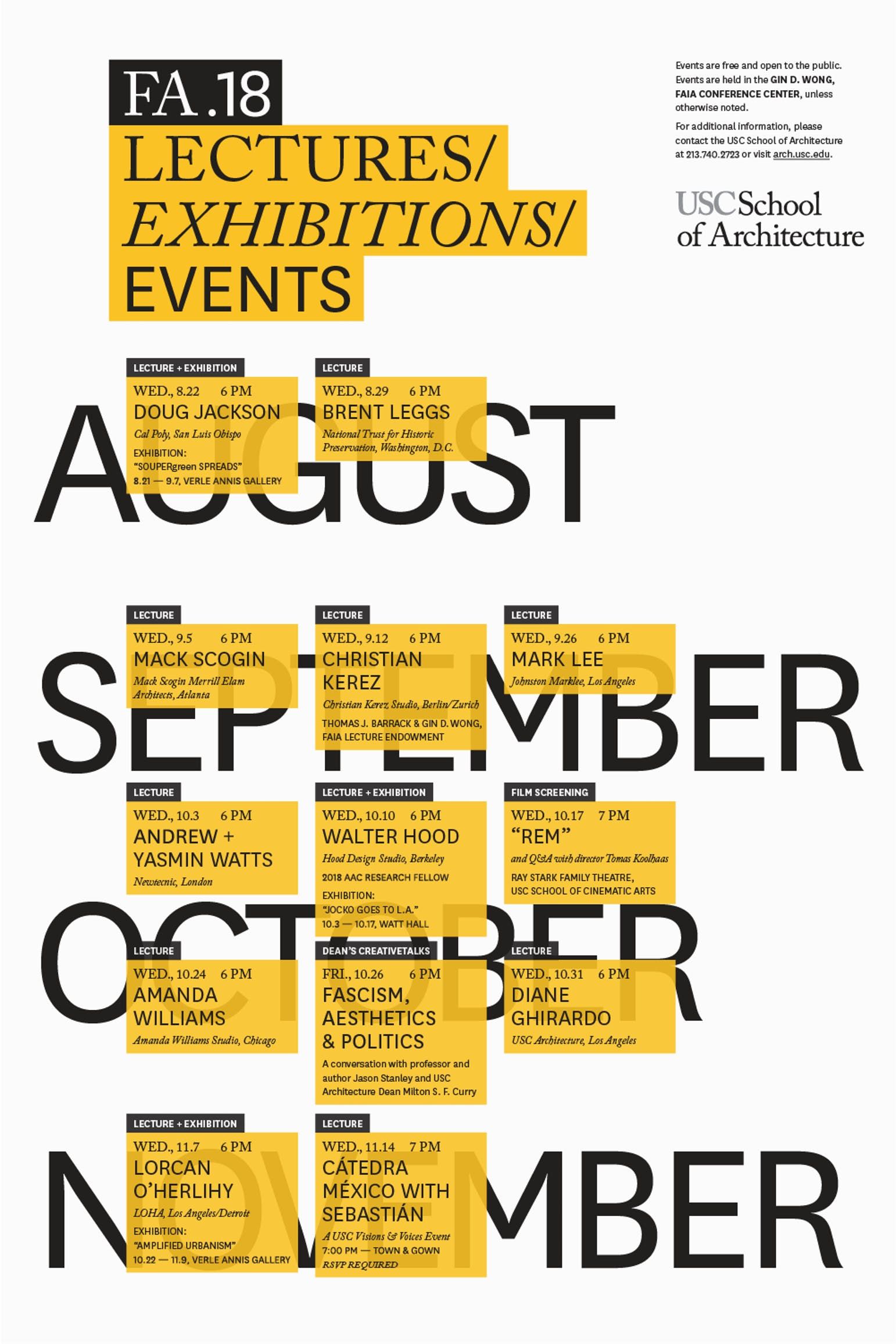 A bold, modernist poster for an architecture school lecture series featuring a striking contrast between large black sans-serif typography and vibrant yellow informational blocks. The design employs a systematic grid-based layout that integrates event details directly into the letterforms, creating a dynamic visual hierarchy that merges content with form.
