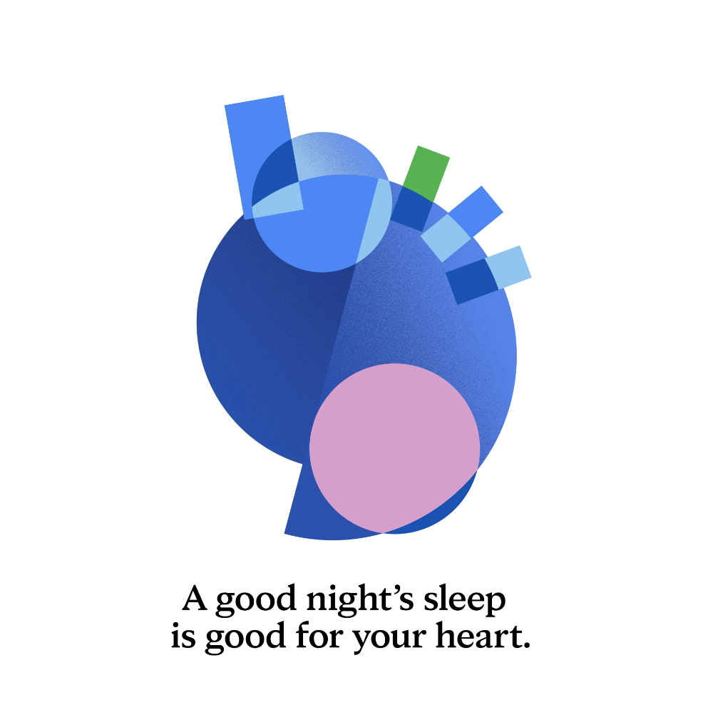 The image features an abstract, organic composition of overlapping blue and purple shapes suggesting a heart or vitality. The design uses smooth gradients and layered forms to convey a sense of calm and health.