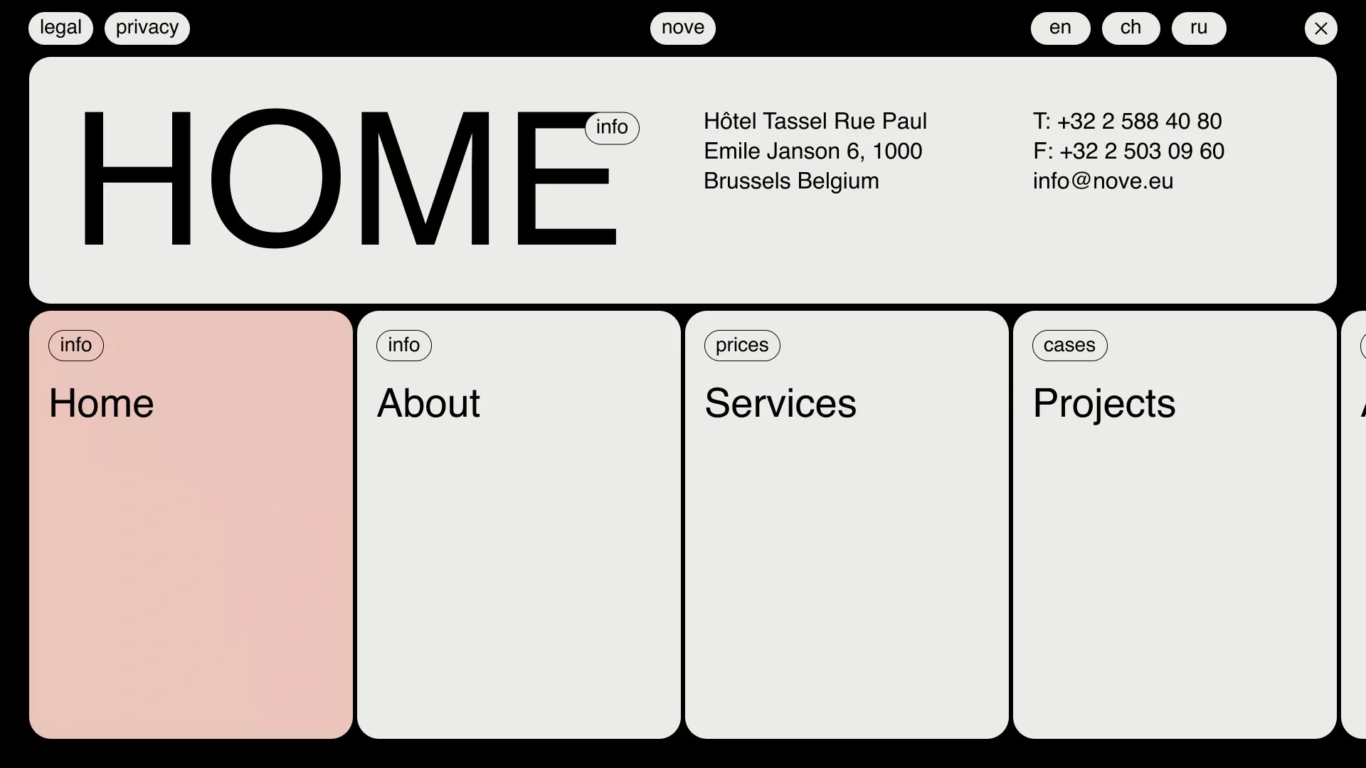 The design features a clean, minimalist aesthetic dominated by high contrast and ample white space. It employs a simple, monochromatic color scheme to create a professional and modern interface.
