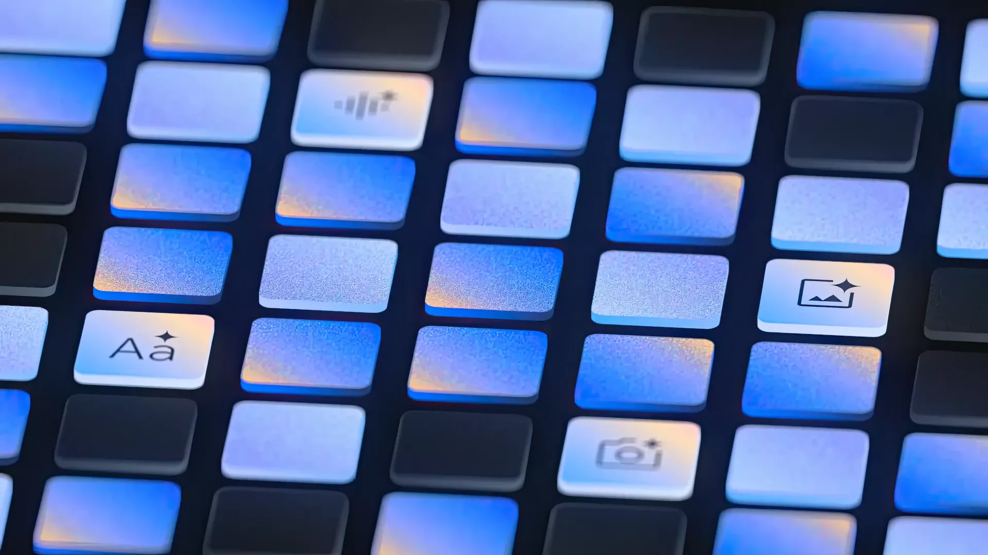 A modern digital interface featuring a grid of illuminated tiles with gradient transitions from deep blue to warm orange, creating a dynamic and interactive visual experience. The design emphasizes depth and dimensionality through lighting effects and subtle iconography, suggesting a sophisticated software or application dashboard.