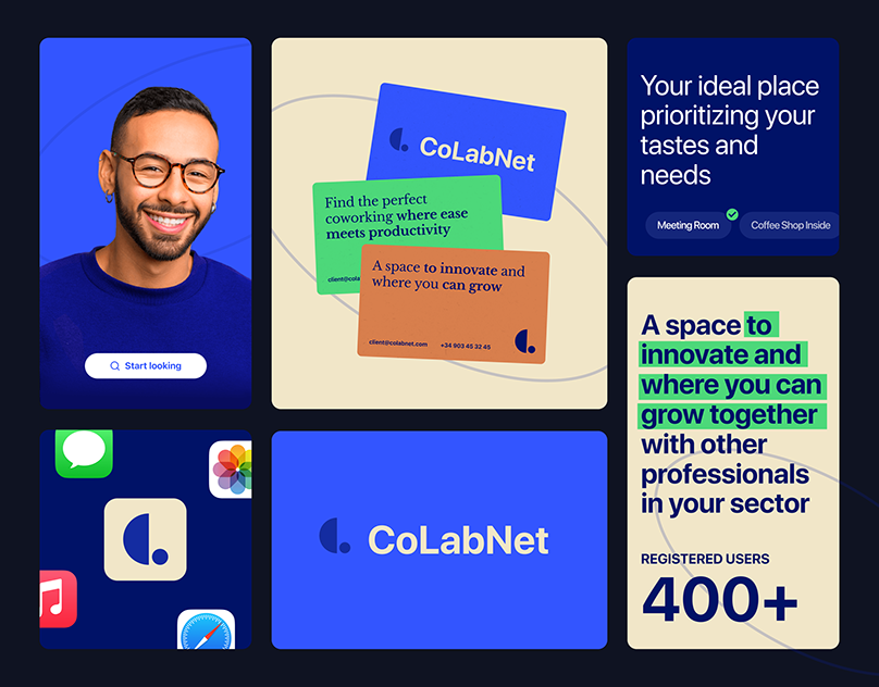 The image presents a clean, modern, and professional interface design, likely for a SaaS product or networking platform. It uses a limited color palette dominated by blues and white, employing simple geometric shapes and clear typography to convey trust and innovation.