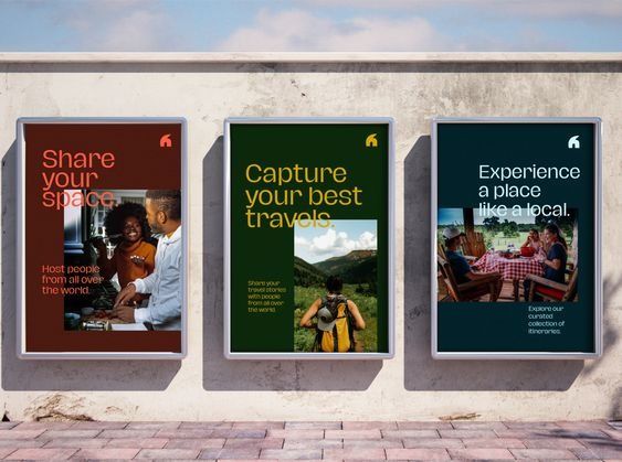 The image displays three framed posters mounted on a light-colored wall, featuring dark green and earthy tones with contrasting white text. The design is clean, modern, and focused on travel and hospitality themes, using strong visual hierarchy to convey a sense of authentic experience.