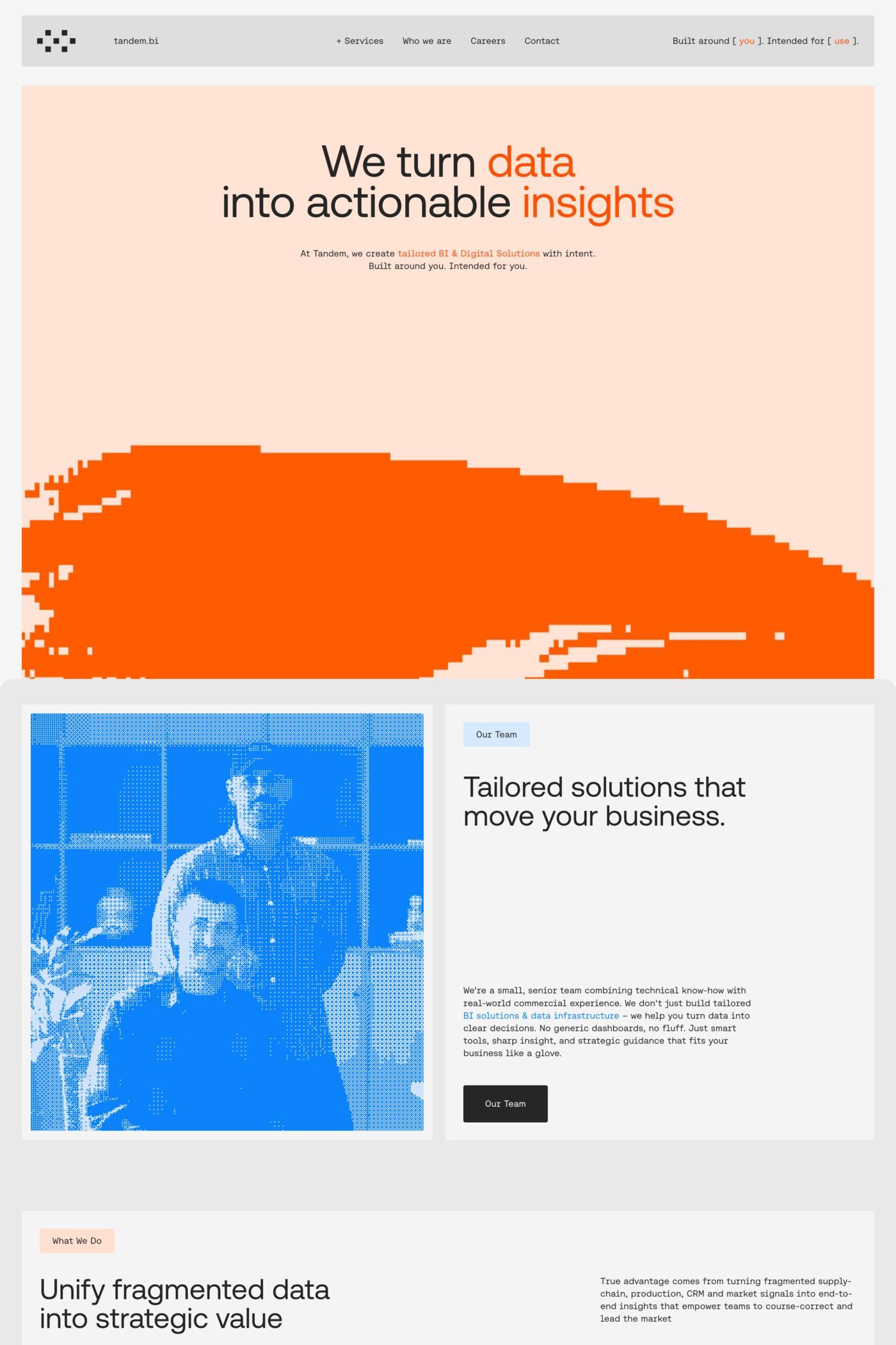 The design employs a clean, professional aesthetic suitable for a data and consulting service. It uses strong color blocking (orange accent) against ample white space to establish clarity and focus, conveying a modern yet trustworthy brand identity.