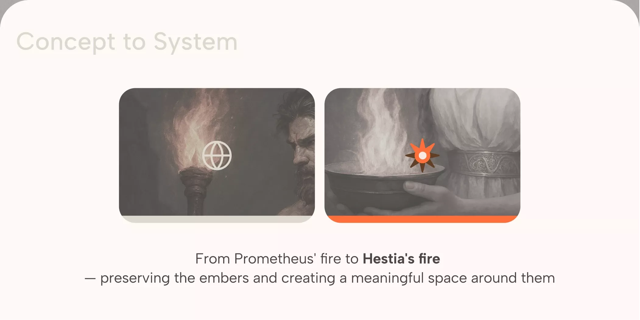 The design uses a dark, moody aesthetic to convey a concept related to elemental transformation or creation. It juxtaposes abstract, smoky forms with a tangible element (fire) to illustrate a process of preservation and meaning-making.