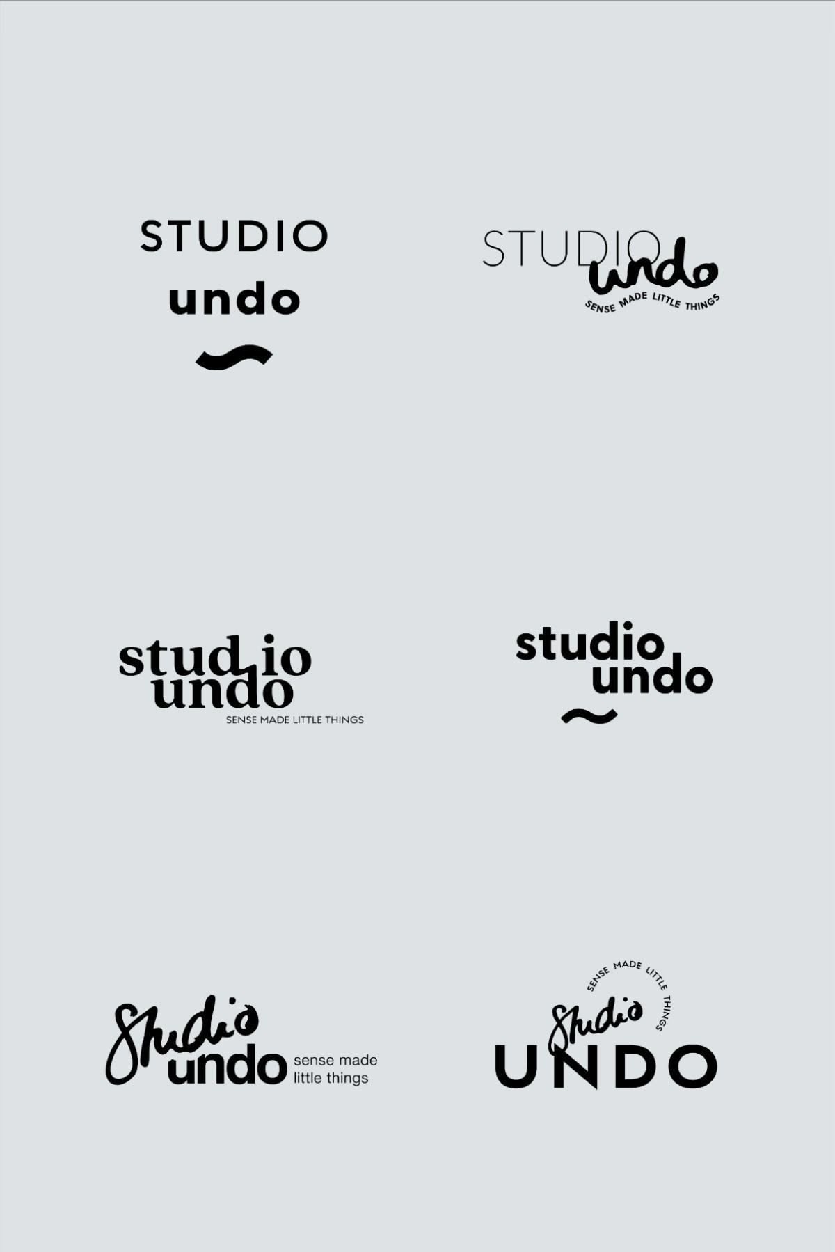 This image showcases a cohesive yet versatile brand identity through multiple typographic treatments of the name 'studio undo'. The design relies heavily on clean lines, negative space, and the contrast between structured sans-serif fonts and fluid script styles to establish a modern and sophisticated aesthetic.