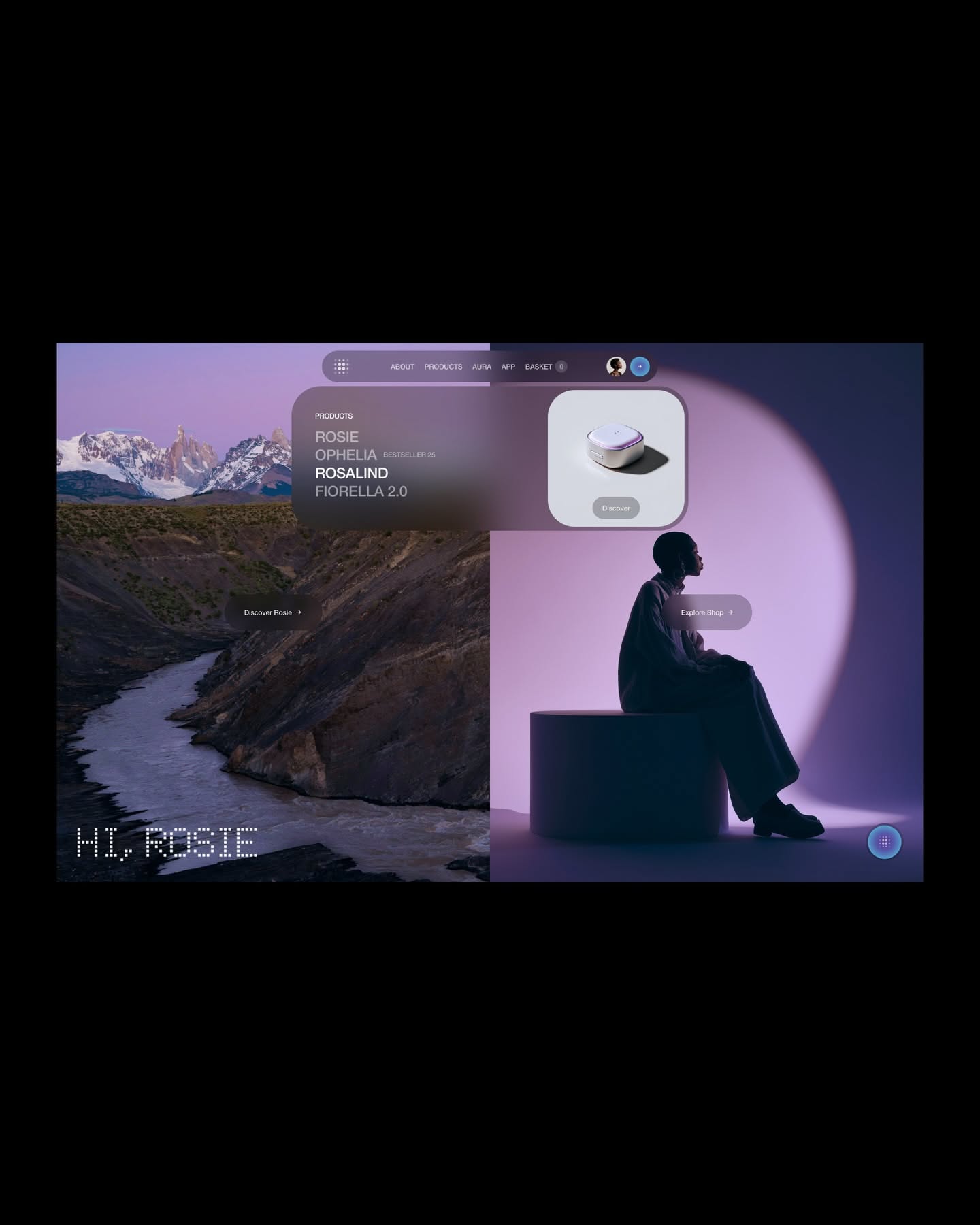 This design employs a sophisticated dark mode aesthetic, utilizing deep, moody colors and selective lighting to highlight clean product presentations. The composition is layered, featuring a central interactive element against organic textures and a dramatic silhouetted figure in the foreground.