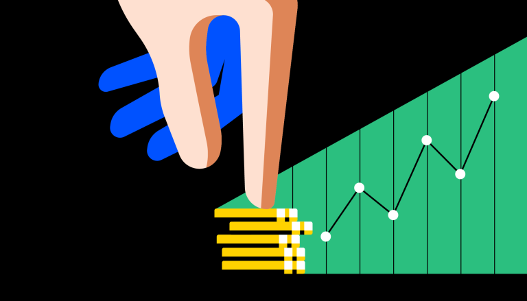 This illustration uses a clean, flat design aesthetic to depict the interaction between a human element and abstract data visualization. The visual language is modern and graphic, effectively symbolizing measurement, progress, or achievement through the upward trend of the chart. The overall feel is analytical and professional.