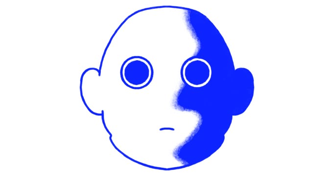 This is a minimalist, graphic representation of a stylized head or face, characterized by a stark division between white and deep blue. The design uses simple shapes and high contrast to create a striking, somewhat abstract portrait.