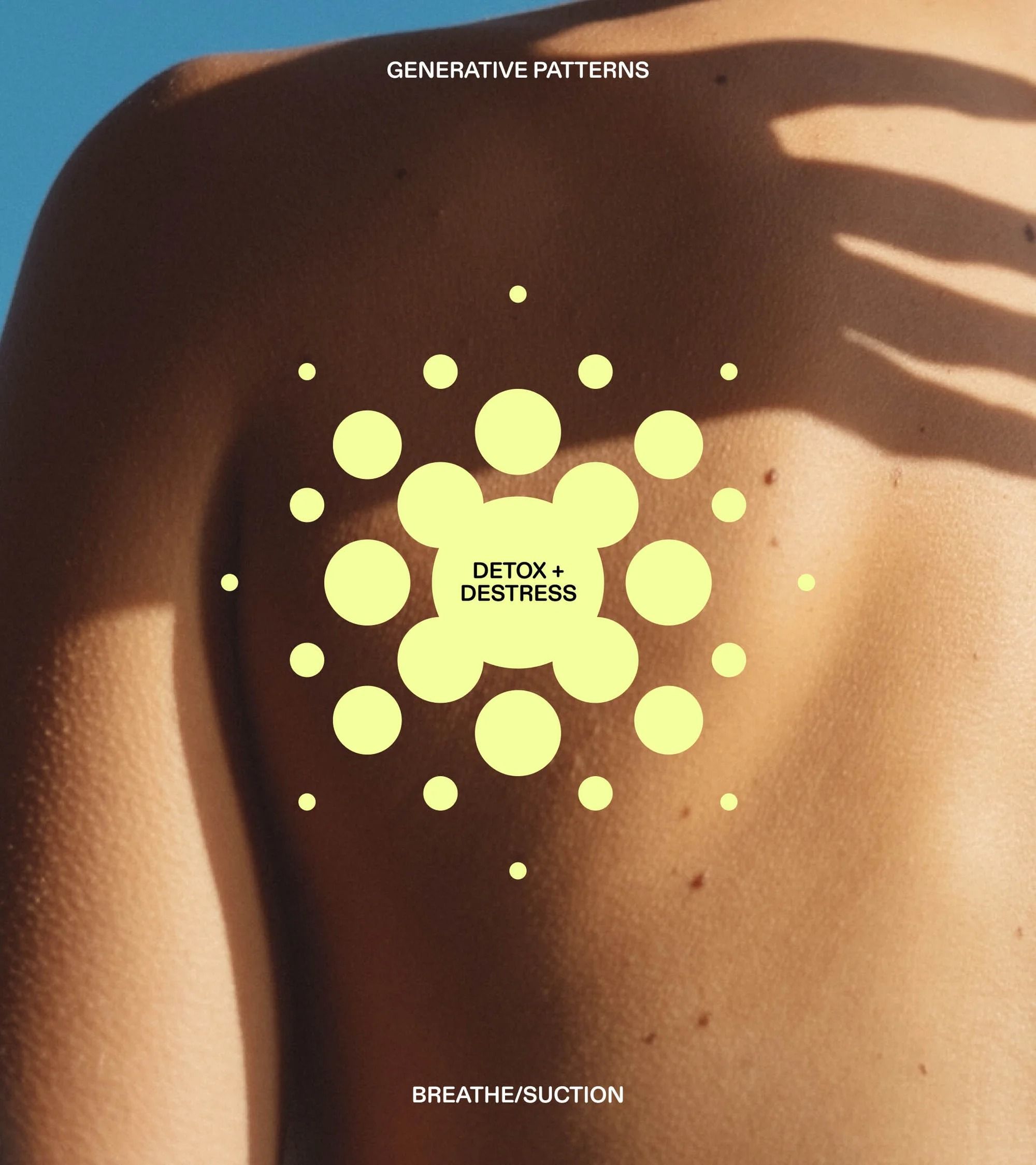 This is a minimalist, organic design featuring a pattern of yellow dots radiating from a central point on a skin-toned background. The composition is clean and focused, suggesting themes related to wellness or body care through the text overlays.
