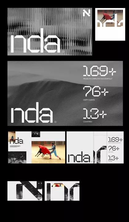 This visual presentation utilizes a stark, high-contrast monochrome palette to establish a serious and authoritative corporate identity. The design relies heavily on negative space, bold typography, and minimalist photographic elements to convey strength and professionalism.