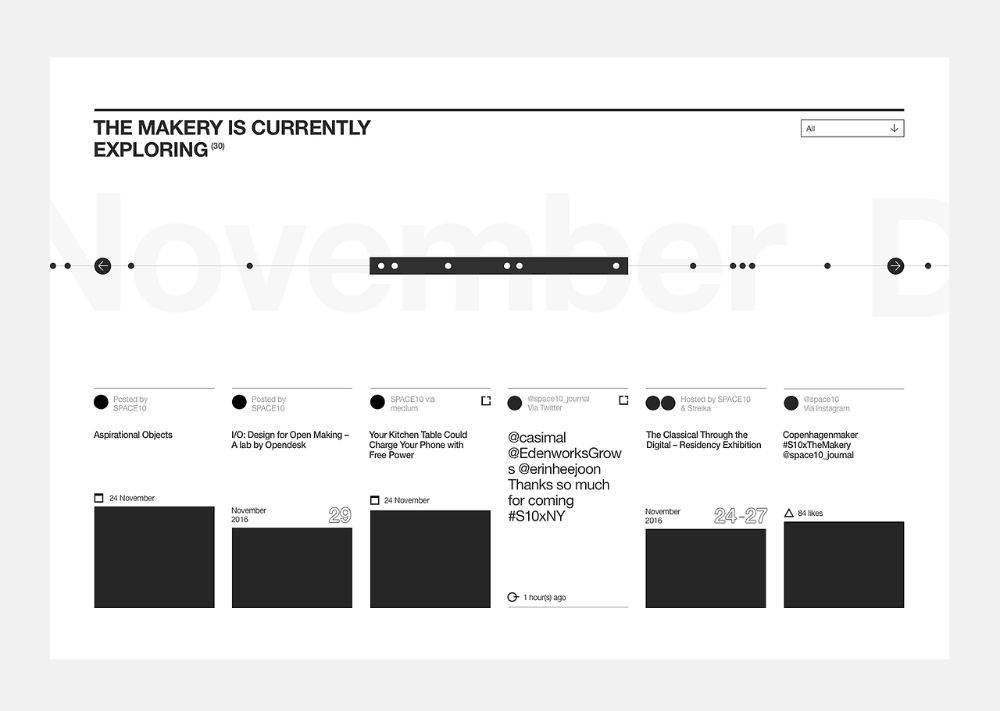 The image presents a minimalist, clean layout typical of a portfolio or exploration page, using ample white space to separate various content points. The design relies heavily on subtle horizontal lines and simple text to convey information in a structured, professional manner.