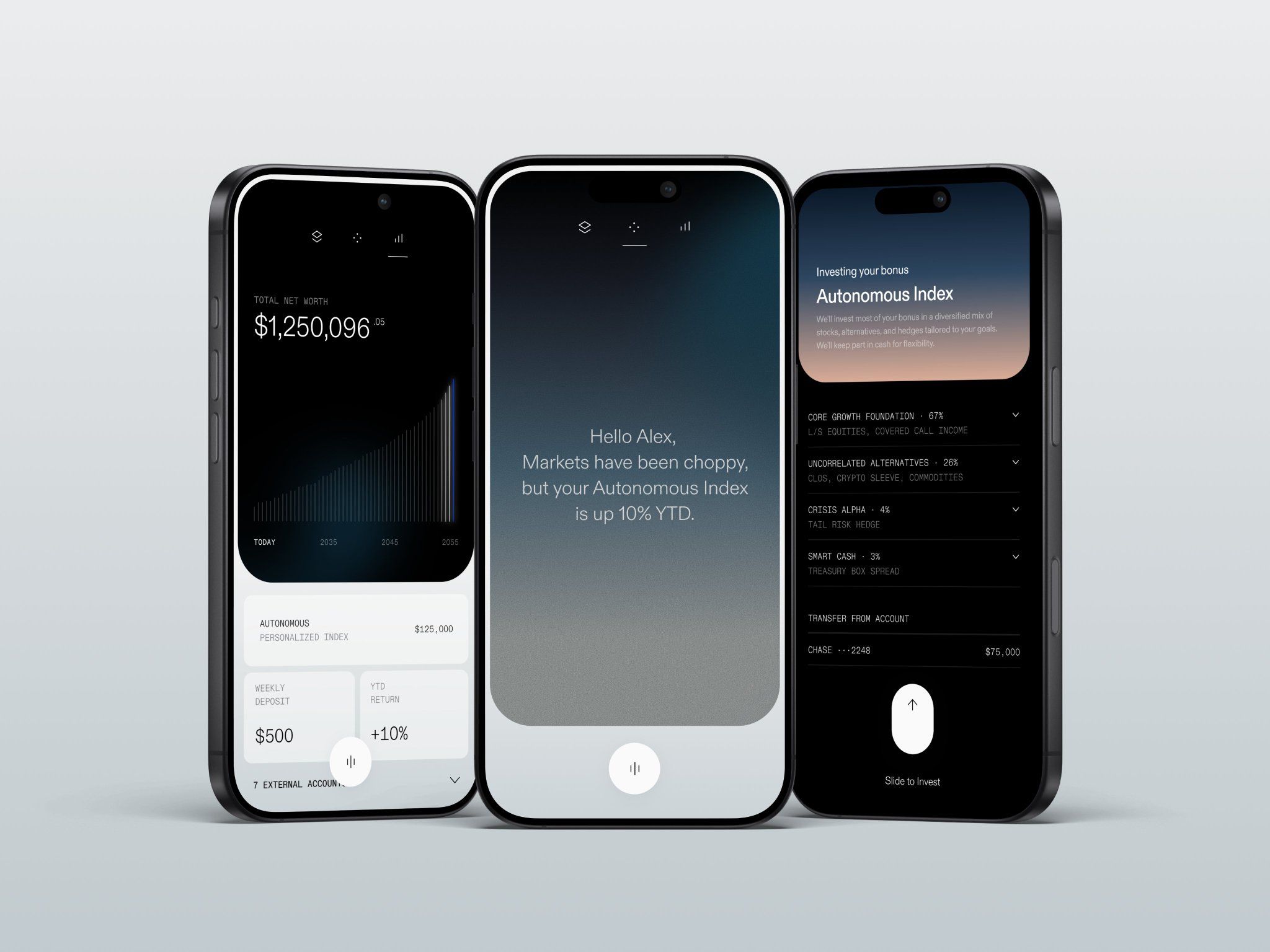A sleek fintech mobile app interface showcasing three smartphone screens with a minimalist design language combining dark and light modes. The design emphasizes financial data visualization, personalized messaging, and clean typography with a sophisticated, modern aesthetic.
