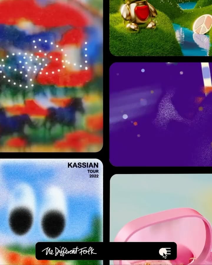 This image is a collage of disparate visual elements, mixing vibrant, abstract, and photographic textures with clean, solid color blocks. The overall feel is eclectic and modern, suggesting a blend of artistic expression and commercial branding.