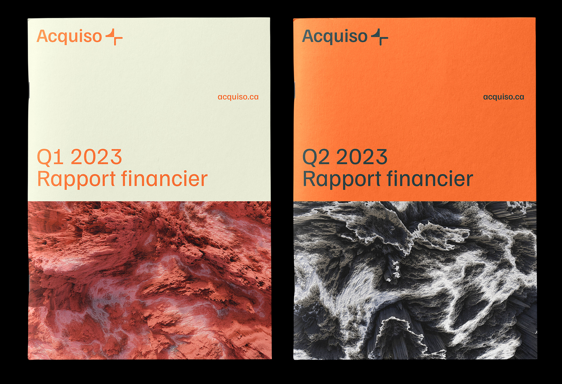 This design uses a striking color contrast between warm earth tones (terracotta/orange) and neutral creams, emphasizing texture through photographic elements. The visual language is clean yet rugged, effectively conveying professionalism and depth in financial reporting.