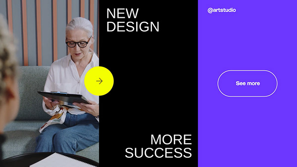 This visual combines a portrait of a focused professional with bold, clean typography and vibrant color blocks to promote success and new design services. The visual language is professional and modern, using high contrast between soft human elements and sharp graphic elements.