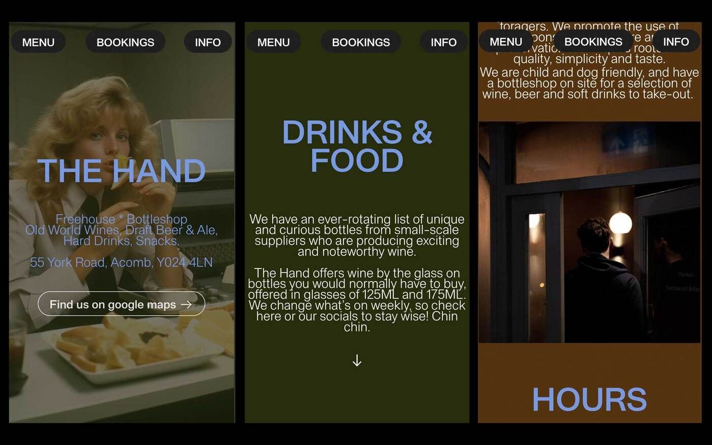 This design utilizes a dark, earthy color palette combined with clean typography to create an intimate and sophisticated atmosphere. The layout is highly segmented, using distinct panels for different information categories to ensure clear navigation and readability.