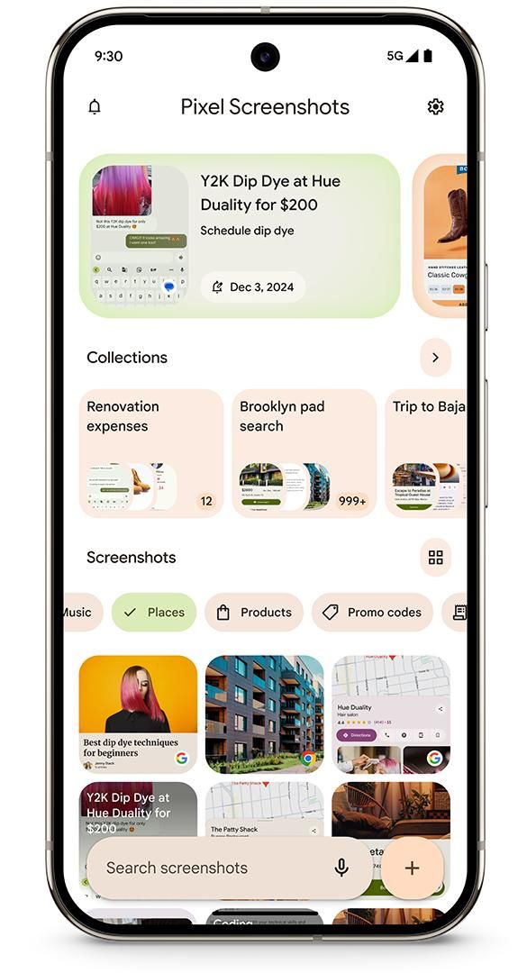 The interface presents a clean, modern, and highly functional user experience typical of a mobile application. It utilizes ample white space and subtle color accents to organize various collections and screenshots in an intuitive manner.