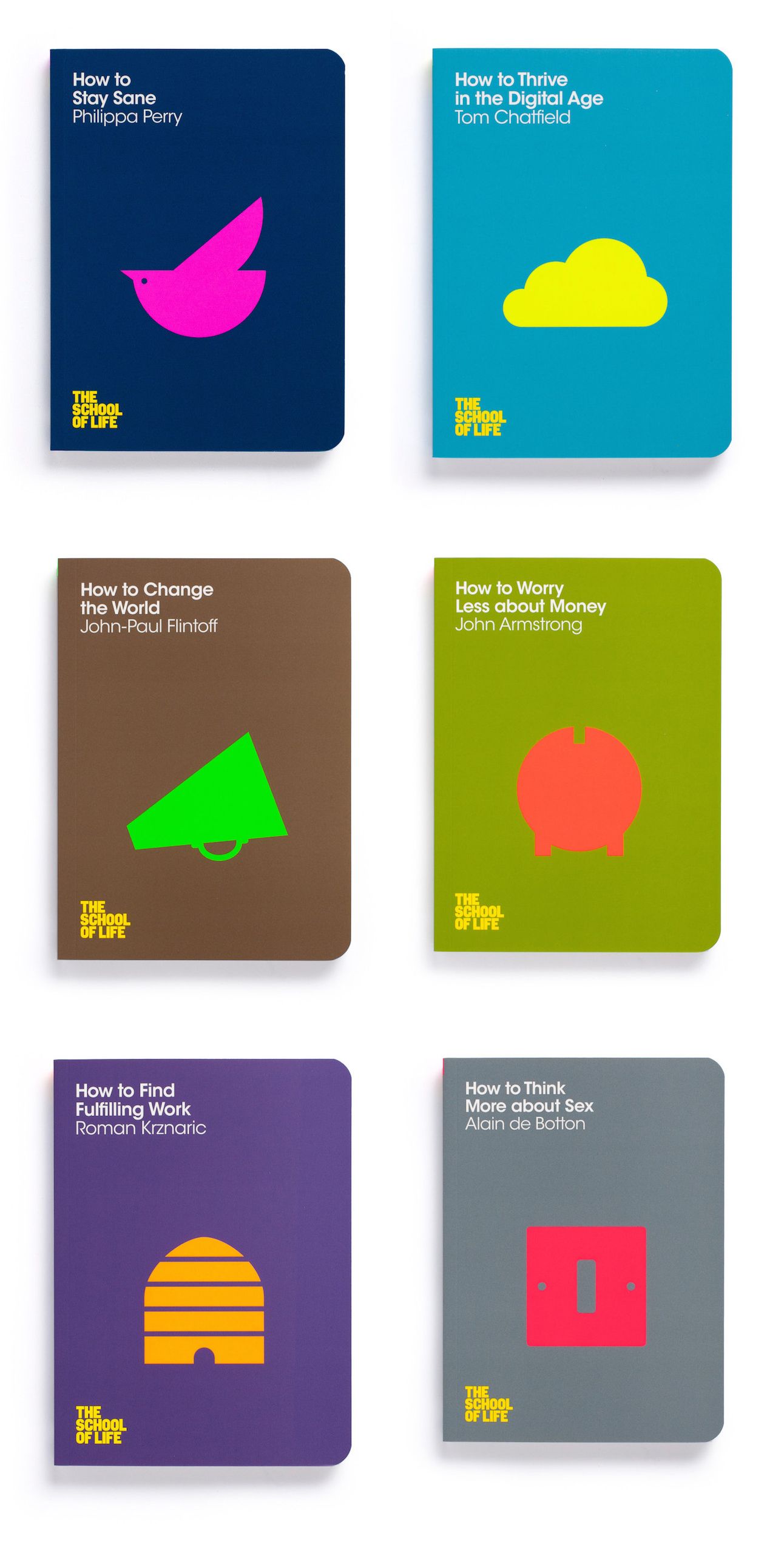 The image displays a grid of book covers, suggesting a series or collection. The design is clean, modern, and uses bold, simple shapes and vibrant colors against dark or muted backgrounds to create a distinct visual identity for each title.