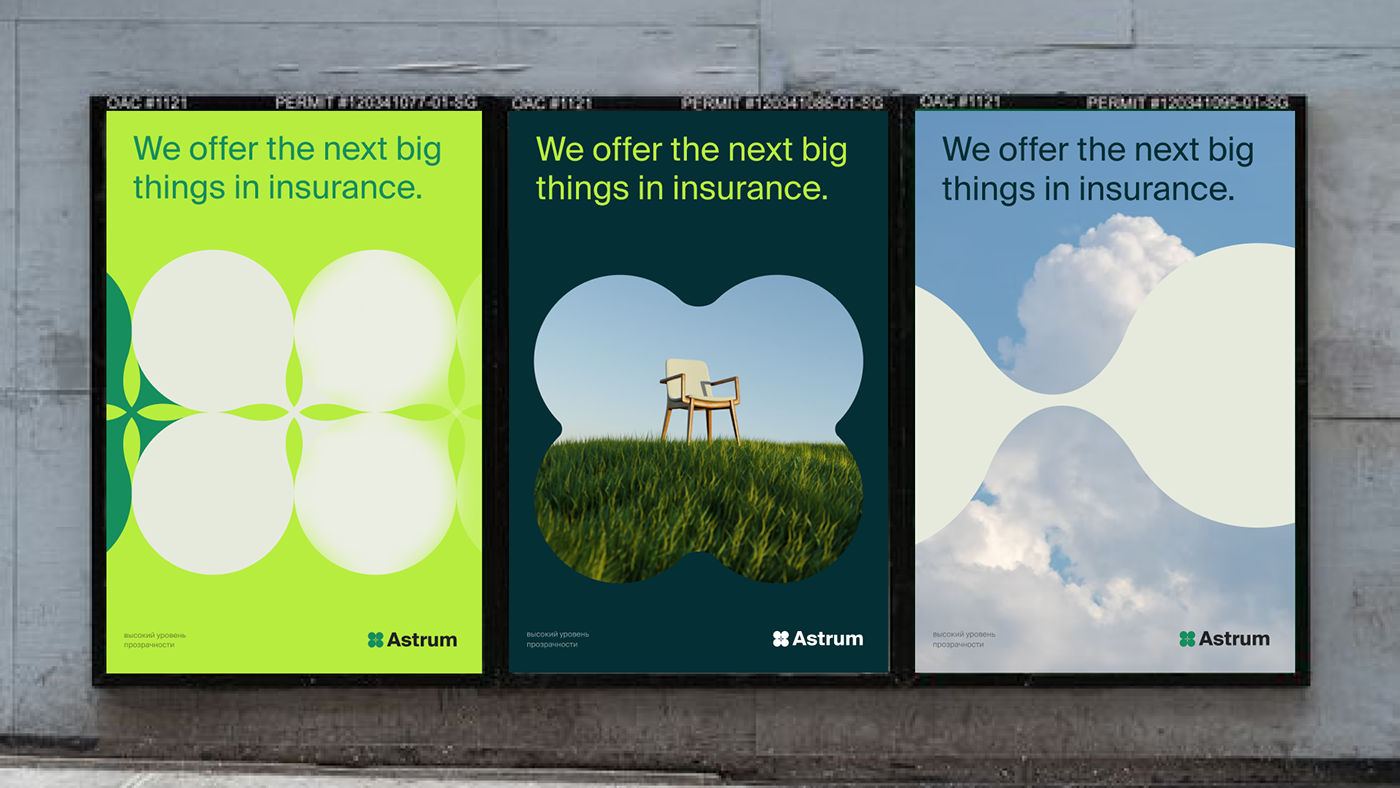 This is a set of three modern, clean advertisements or informational panels featuring a consistent visual language centered around organic shapes and a calming color palette. The design uses negative space effectively to draw attention to the core message, which is presented in a bold, straightforward manner.