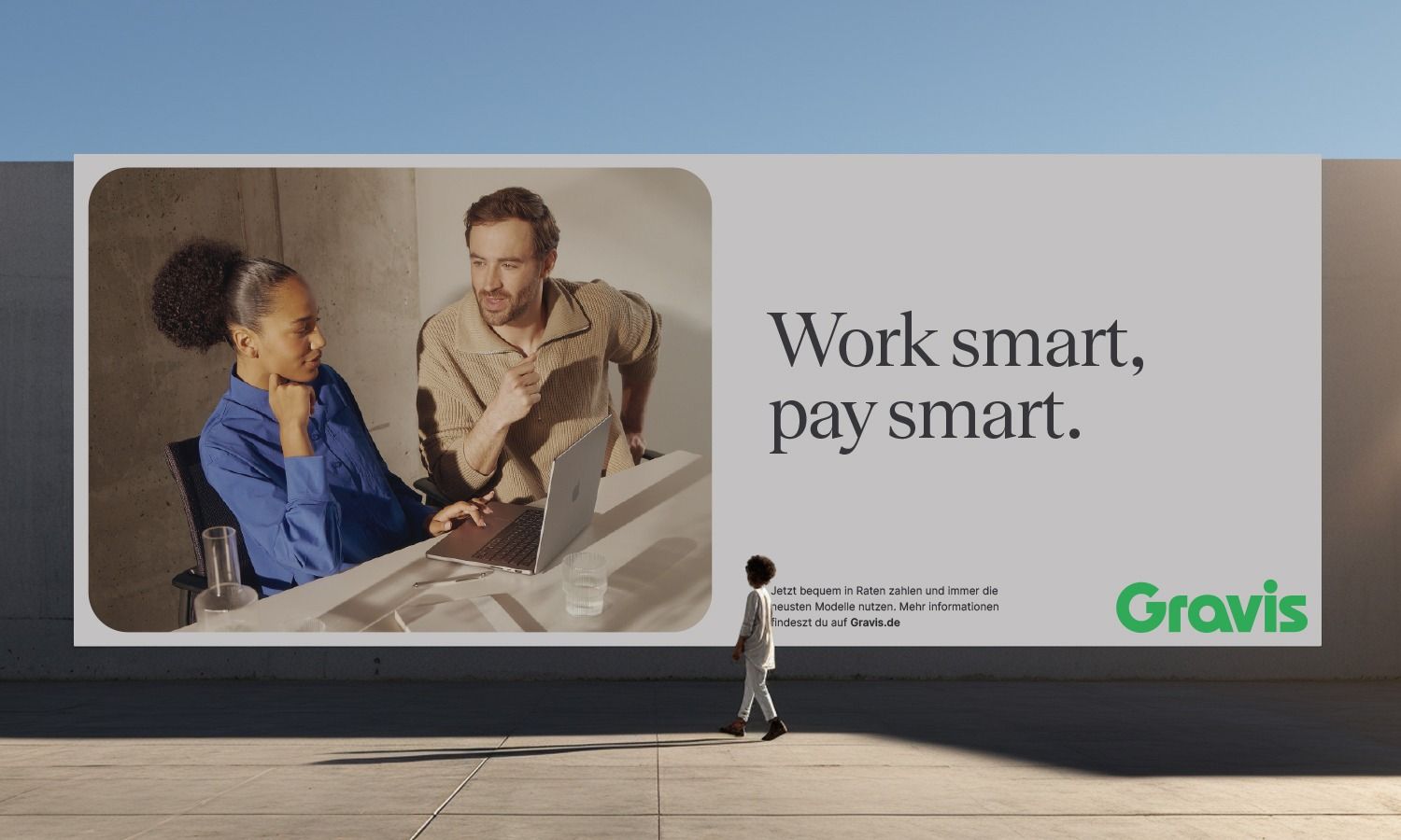 This design employs a clean, minimalist aesthetic typical of corporate branding, using high-quality photography to convey professionalism and focus. The visual language is straightforward and relies on negative space to emphasize the core message about smart work and financial planning.