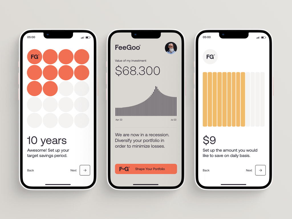 The image displays a clean, modern mobile application interface design characterized by a minimalist aesthetic and a clear hierarchy of information. It uses ample white space and a limited, warm color palette to convey trust and financial clarity.
