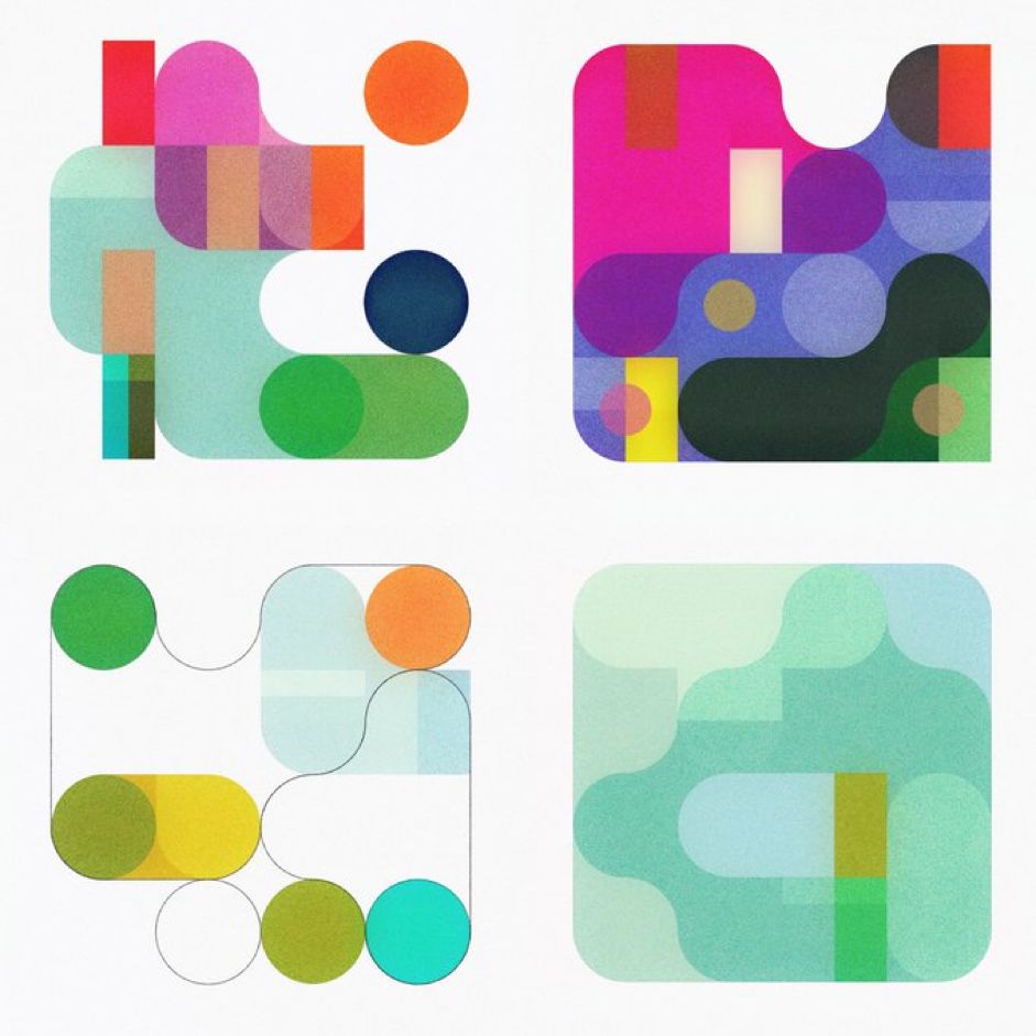 This collection showcases a modern, abstract graphic style characterized by soft geometric shapes and playful color juxtapositions. The visual language balances organic curves with clean, blocky forms, creating a sense of structured yet fluid composition. The overall feel is fresh, contemporary, and inviting.