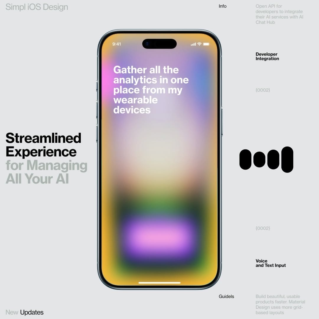 A modern iOS app interface showcasing a gradient-rich design with vibrant color transitions from purple to yellow to green. The layout presents a smartphone mockup with a prominent call-to-action headline about AI analytics management, emphasizing a streamlined and contemporary digital experience.