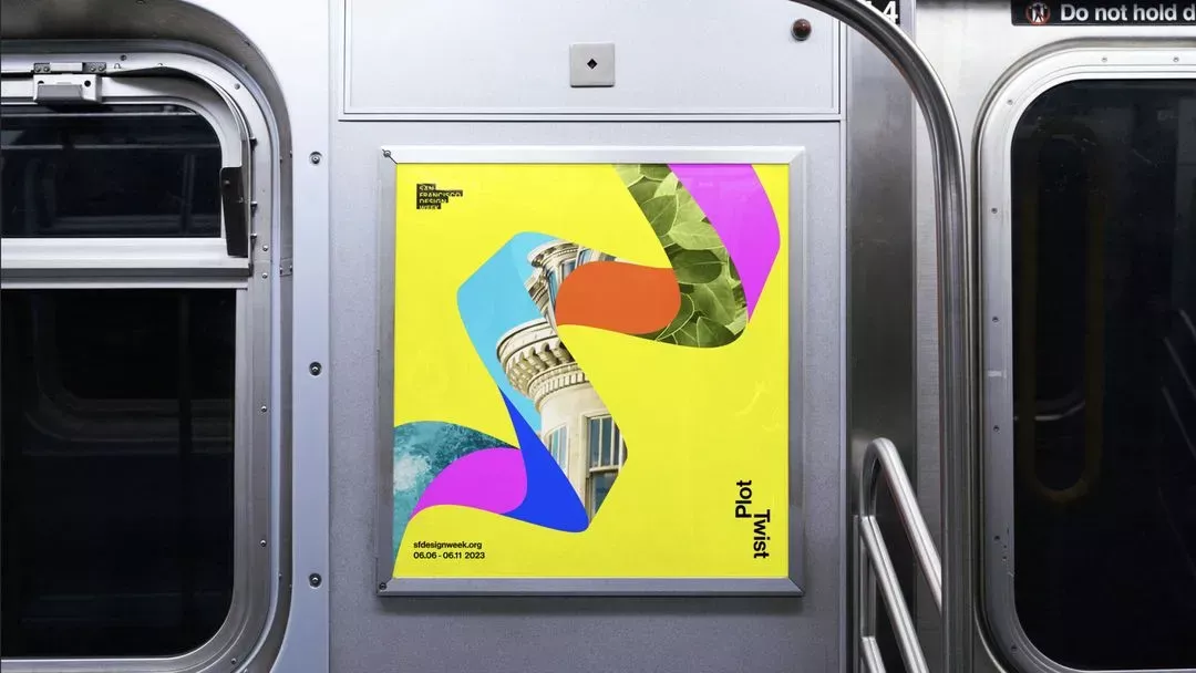 A vibrant, contemporary poster design featuring bold geometric shapes and collaged imagery set against a bright yellow background. The composition combines photographic elements with graphic design principles, creating a dynamic and eye-catching advertisement suitable for public transit environments.