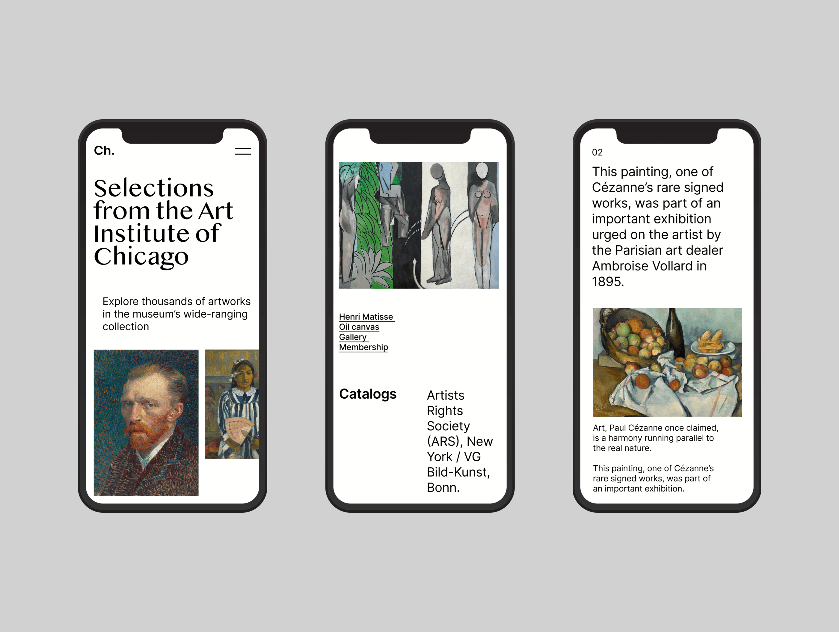 The image displays a clean, minimalist mobile application interface mockup, characterized by high contrast and ample white space. The design emphasizes clear information hierarchy through simple typography and a structured, card-based layout typical of modern digital galleries or museum catalogs.