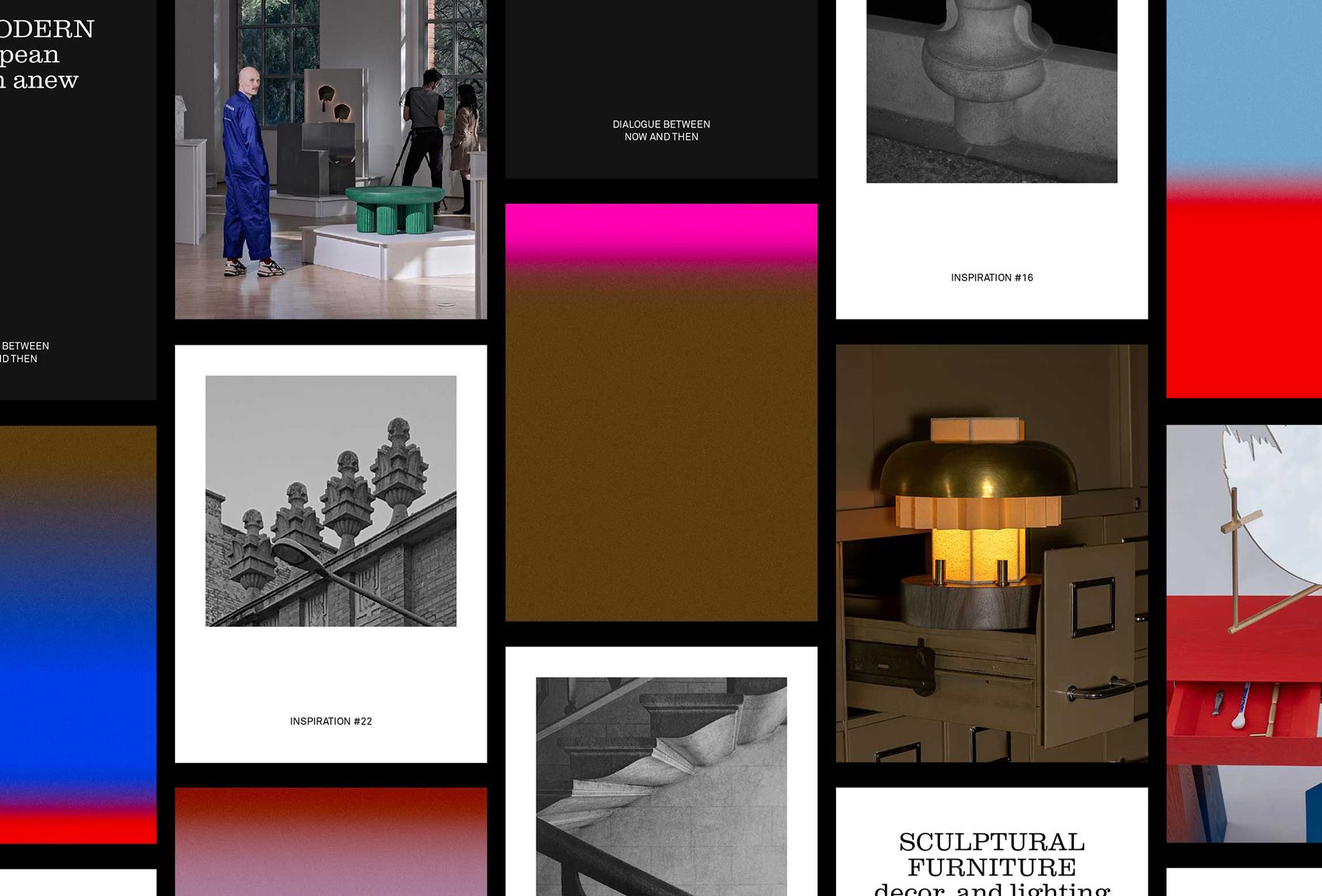 A contemporary gallery-style layout featuring a dynamic grid of polaroid-framed photographs and color blocks arranged in an asymmetrical collage. The design blends minimalist photography with bold color fields, creating a sophisticated editorial aesthetic that balances documentary imagery with abstract chromatic elements.