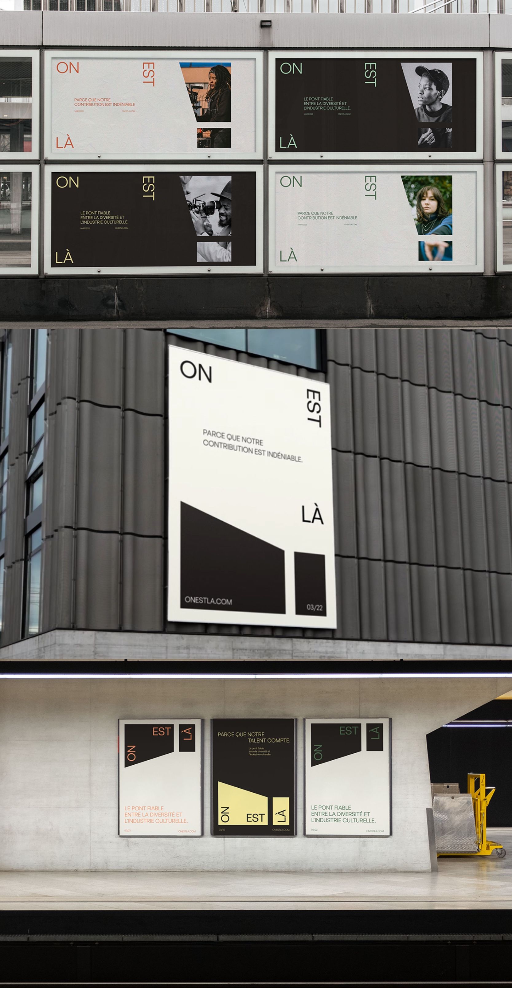 This design utilizes a stark, minimalist aesthetic characterized by high contrast between white typography and deep charcoal backgrounds. The visual language relies heavily on clean lines, geometric shapes, and ample negative space to create a sophisticated and structured display.