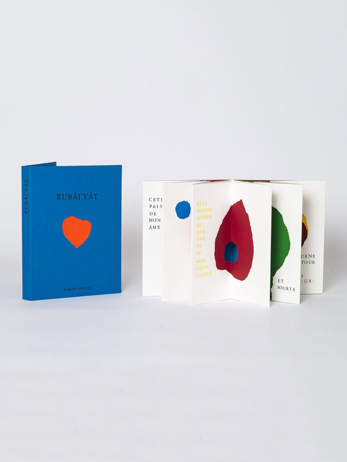 This design presents a striking blend of clean minimalism and bold, expressive color blocking. The visual language relies on strong primary hues contrasted against a calming blue base to convey depth and emotion.