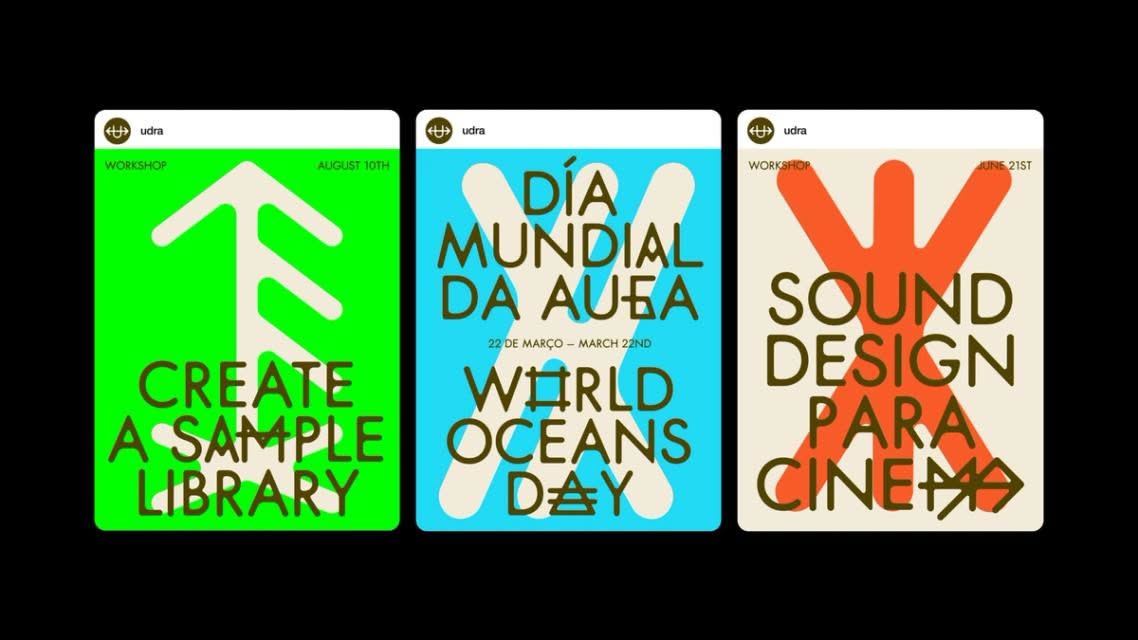 This set of graphics demonstrates a clean, modern visual language characterized by high contrast and bold graphic elements. The design effectively uses distinct color blocks and simple iconography to communicate specific themes related to creative industries and environmental awareness. The overall feel is professional, energetic, and highly organized.