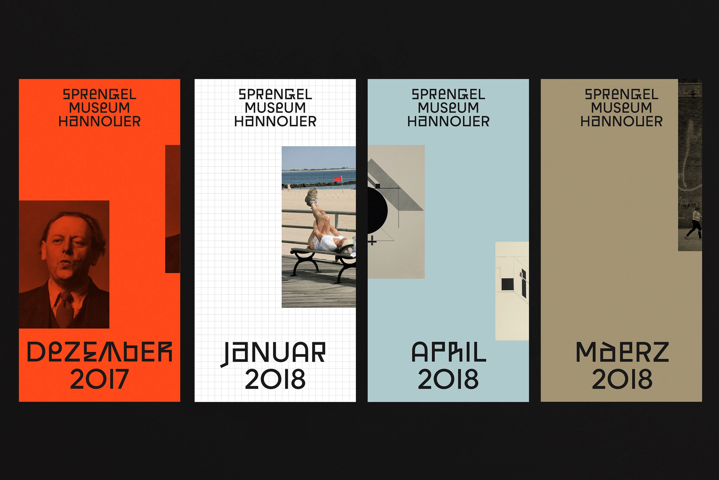 This design utilizes a stark, modular grid structure to present archival information in a minimalist and highly structured manner. The visual language relies on contrasting solid color blocks and photographic elements to create a sense of temporal layering.