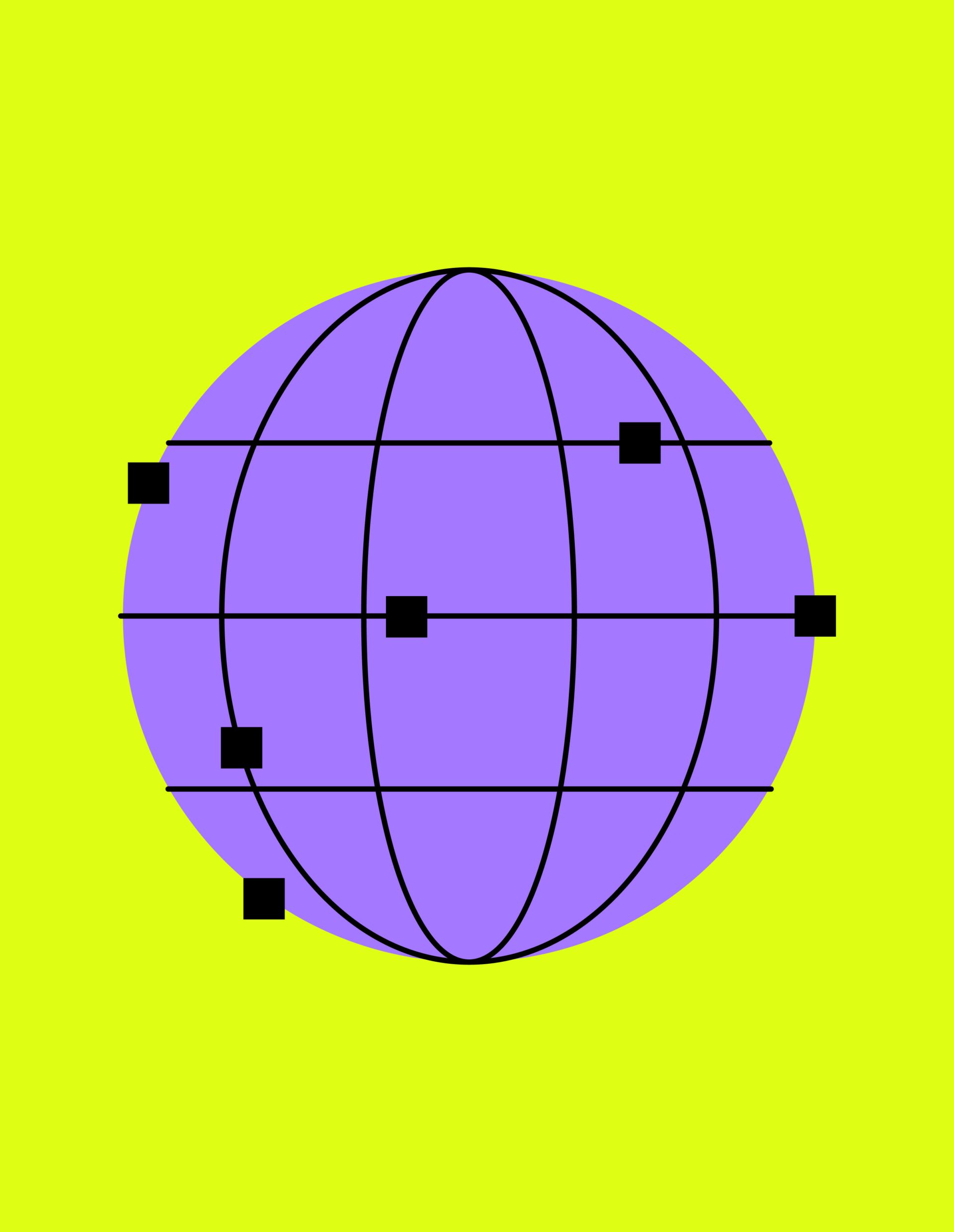 This is a clean, minimalist graphic featuring a stylized purple globe overlaid with a precise grid structure. The design uses simple geometric shapes and high contrast against a bright lime green background, creating an organized and technical aesthetic. The visual language emphasizes mapping, data points, and global connectivity.